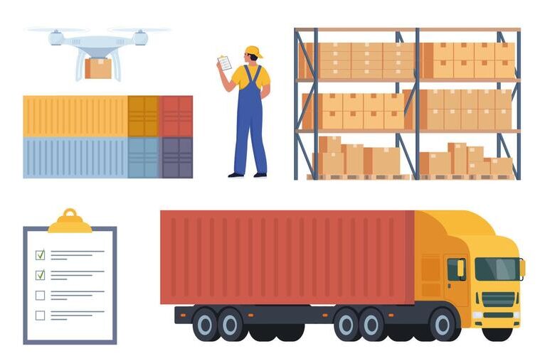 Merchandise Warehouse And Logistic Workers And Equipment Set Of Elements Warehouse Building Racks Boxes Loader Truck Delivery And Storage Warehouse And Cargo Box Illustration Vector E1770446056871